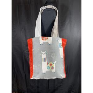 Large Llama Handmade Tote, long straps, lined, gray and orange